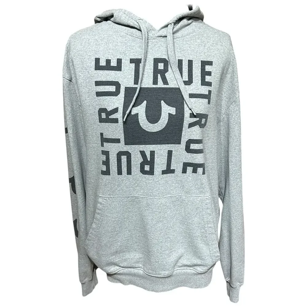 True Religion Men’s L Grey Hoodie Hooded Gym Sweatshirt Big LOGO Buddha Spellout